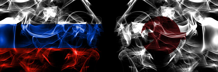 Russia, Russian vs Japan, Japanese, Nara Prefecture flags. Smoke flag placed side by side isolated on black background