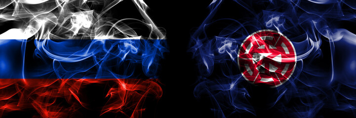 Russia, Russian vs Japan, Japanese, Nemuro, Hokkaido, Nemuro, Subprefecture flags. Smoke flag placed side by side isolated on black background
