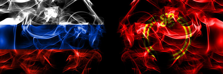 Russia, Russian vs Japan, Japanese, Niigata Prefecture flags. Smoke flag placed side by side isolated on black background