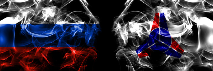 Russia, Russian vs Japan, Japanese, Sarufutsu, Hokkaido, Soya, Subprefecture flags. Smoke flag placed side by side isolated on black background