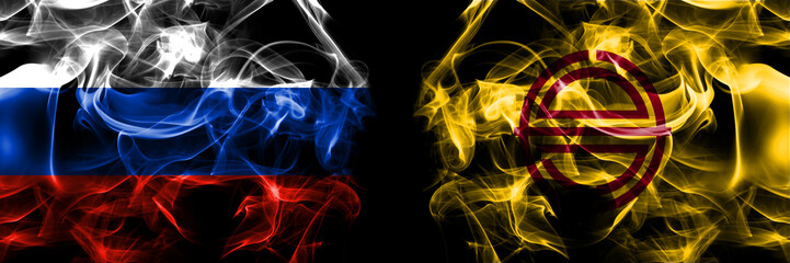 Russia, Russian vs Japan, Japanese, Saroma, Hokkaido, Okhotsk, Subprefecture flags. Smoke flag placed side by side isolated on black background