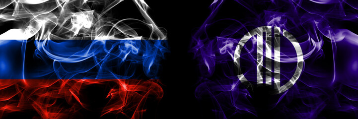 Russia, Russian vs Japan, Japanese, Sendai, Miyagi flags. Smoke flag placed side by side isolated on black background