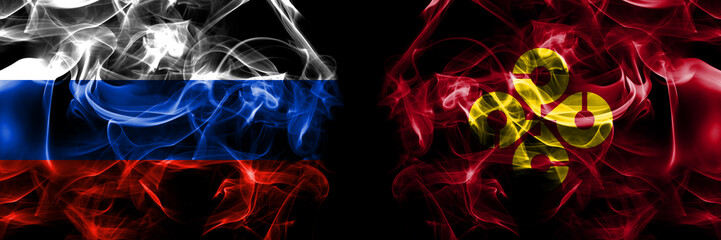 Russia, Russian vs Japan, Japanese, Shimane Prefecture flags. Smoke flag placed side by side isolated on black background
