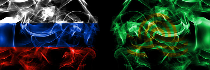 Russia, Russian vs Japan, Japanese, Shinshinotsu, Hokkaido, Ishikari, Subprefecture flags. Smoke flag placed side by side isolated on black background