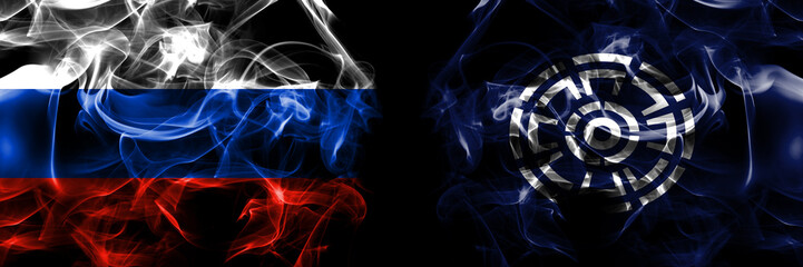 Russia, Russian vs Japan, Japanese, Urakawa, Hokkaido, Hidaka, Subprefecture flags. Smoke flag placed side by side isolated on black background