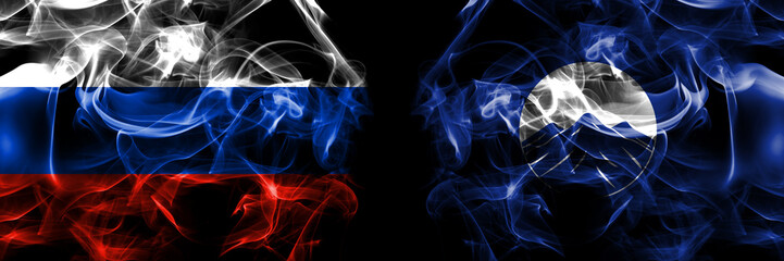 Russia, Russian vs Myanmar, Kachin, State flags. Smoke flag placed side by side isolated on black background