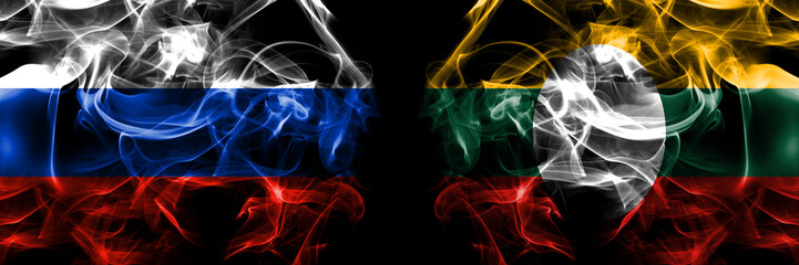 Russia, Russian vs Myanmar, Shan, State flags. Smoke flag placed side by side isolated on black background
