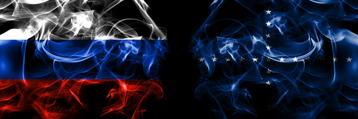 Russia, Russian vs Naval Jack Brazil flags. Smoke flag placed side by side isolated on black background