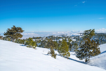 Scenic views from Salda lake with snow at the Salda ski center which is famous with lake which has white sand, glassy turquoise water. 