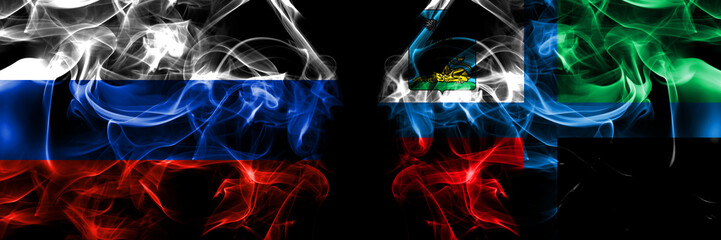 Russia, Russian vs Russia, Belgorod Oblast flags. Smoke flag placed side by side isolated on black background