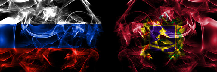 Russia, Russian vs Russia, Bryansk Oblast flags. Smoke flag placed side by side isolated on black background