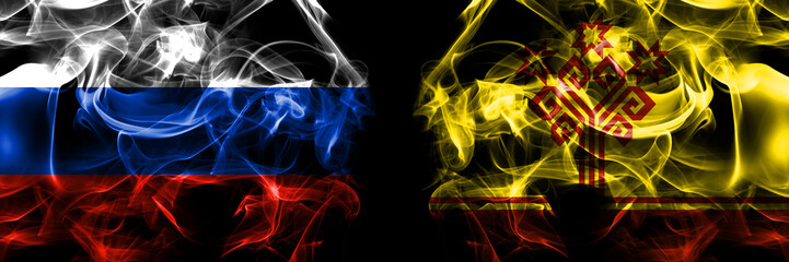 Russia, Russian vs Russia, Chuvashia, Chuvash,Republic flags. Smoke flag placed side by side isolated on black background