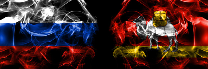 Russia, Russian vs Russia, Russian, Chelyabinsk Oblast flags. Smoke flag placed side by side isolated on black background