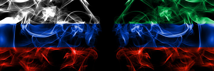 Russia, Russian vs Russia, Russian, Dagestan flags. Smoke flag placed side by side isolated on black background