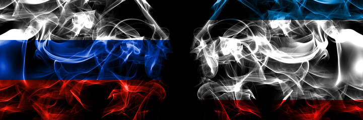 Russia, Russian vs Russia, Russian, Crimea flags. Smoke flag placed side by side isolated on black background