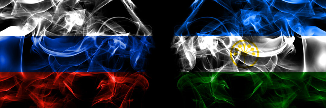 Russia, Russian vs Russia, Bashkortostan flags. Smoke flag placed side by side isolated on black background