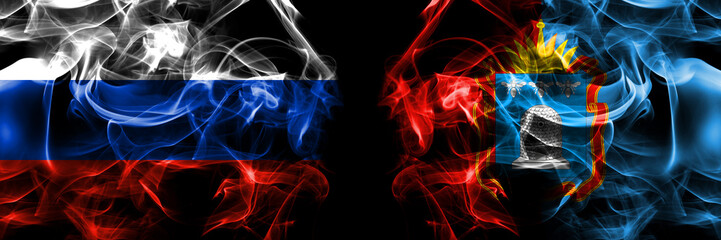 Russia, Russian vs Russia, Russian, Tambov Oblast flags. Smoke flag placed side by side isolated on black background