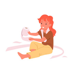 Smiling happy babygirl playing with toilet tissue paper. Adorable little kid sitting on the floor, toddler exploring and things discovering, funny game and mess in house flat vector illustration