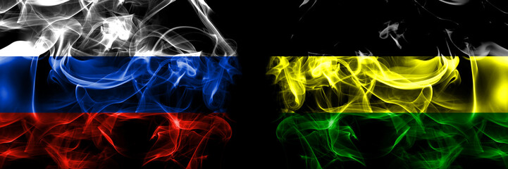 Russia, Russian vs Russia, Russian, Ural Republic flags. Smoke flag placed side by side isolated on black background