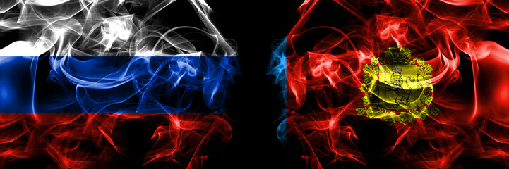 Russia, Russian vs Russia, Russian, Vladimirskaya Oblast flags. Smoke flag placed side by side isolated on black background