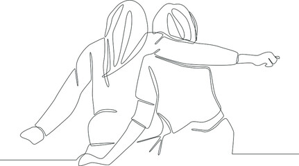 Simple continuous line drawing of mom hug her’s daughter when sit in some place. Vector illustration. Family Gathering. Happy Family.