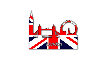 The outlines of London decorated with the flag of Great Britain, its name is written on the outline of the city and the outlines of local attractions are visible
