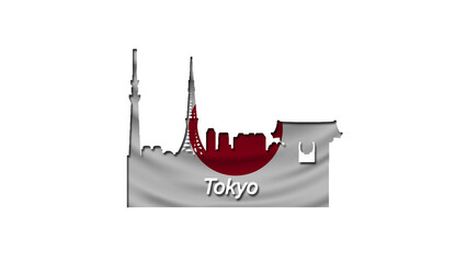 The outlines of Tokyo decorated with the flag of Japan, its name is written on the outline of the city and the outlines of local attractions are visible