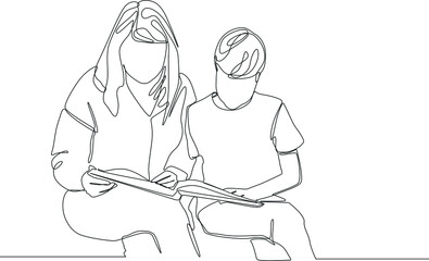 Simple continuous line drawing of mom and son reading a book together. Vector illustration. Family Gathering. Happy Family.