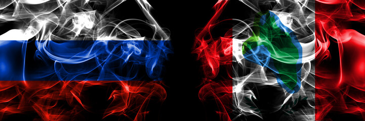 Russia, Russian vs United States of America, America, US, USA, American, Cumberland Head, New York flags. Smoke flag placed side by side isolated on black background