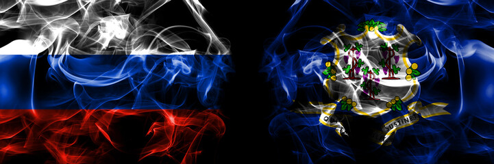 Russia, Russian vs United States of America, America, US, USA, American, Connecticut flags. Smoke flag placed side by side isolated on black background