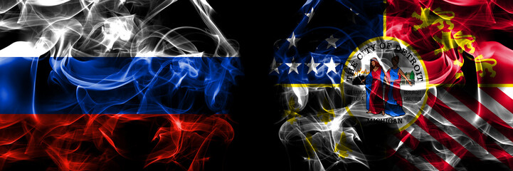 Russia, Russian vs United States of America, America, US, USA, American, Detroit, Michigan flags. Smoke flag placed side by side isolated on black background