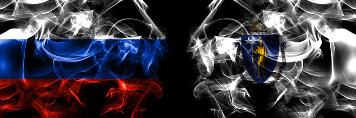 Russia, Russian vs United States of America, America, US, USA, American, Massachusetts flags. Smoke flag placed side by side isolated on black background