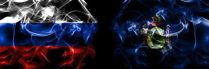 Russia, Russian vs United States of America, America, US, USA, American, Maine flags. Smoke flag placed side by side isolated on black background