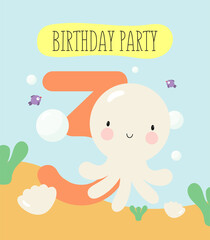 Birthday Party, Greeting Card, Party Invitation. Kids illustration with Cute baby Octopus character and with the inscription three. Vector illustration in cartoon style.