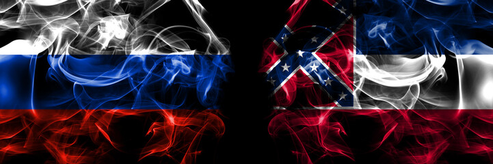 Russia, Russian vs United States of America, America, US, USA, American, Mississippi flags. Smoke flag placed side by side isolated on black background