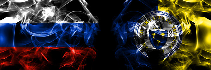 Russia, Russian vs United States of America, America, US, USA, American, Trenton, New Jersey flags. Smoke flag placed side by side isolated on black background