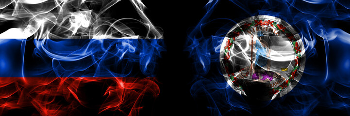 Russia, Russian vs United States of America, America, US, USA, American, Virginia flags. Smoke flag placed side by side isolated on black background