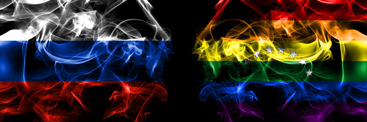 Russia, Russian vs Venezuela, gay flags. Smoke flag placed side by side isolated on black background