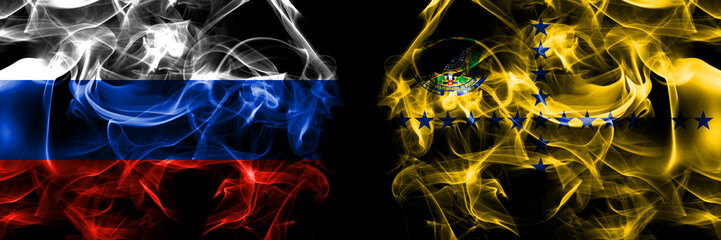 Russia, Russian vs Vice President Brazil flags. Smoke flag placed side by side isolated on black background
