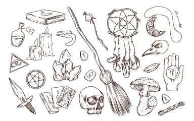 Mystic set of magical items and tools for witches rituals. Wizard supplies for spiritual tricks, supernatural control power, flying on broomstick hand drawn vector illustration