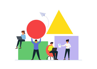 Teamwork concept. People working together with giant geometrical shapes. Vector illustration of team building and business partnership.