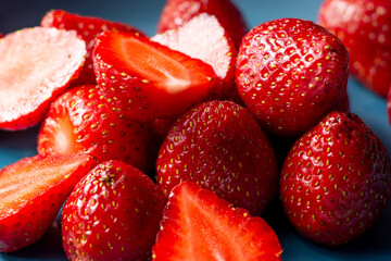 Strawberries on a plate with dark background. Strawberries on a plate with a sprinkle of sugar.
