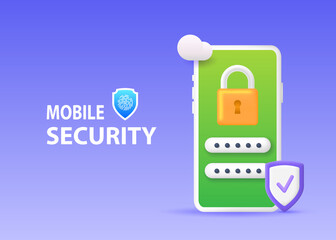 Mobile phone protection system. Smartphone security concept. Banner with phone, padlock, passcode and shield.