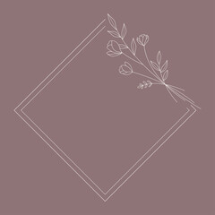 Floral Wreath branch in hand drawn style. Floral Rhombus brown and white frame of twigs, leaves and flowers. Frames for the Valentine's day, wedding decor, logo and identity template.