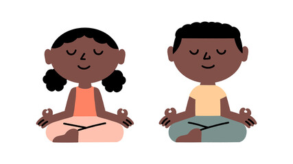 African American children meditate in the lotus position, a meditation concept. Cute characters. Hand drawn, vector illustration.