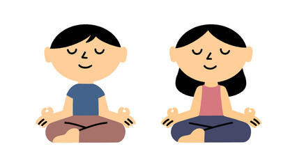 Asian children meditate in the lotus position, a meditation concept. Cute characters. Hand drawn, vector illustration.