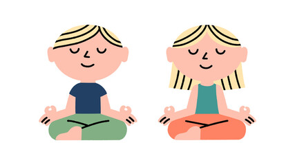 Children meditate in the lotus position, a meditation concept. Cute characters. Hand drawn, vector illustration.