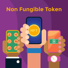 Illustration vector graphic of Non Fungible Token, Smartphones, and Hands in The Transactions. Perfect for NFT design, NFT content, NFT template, etc.