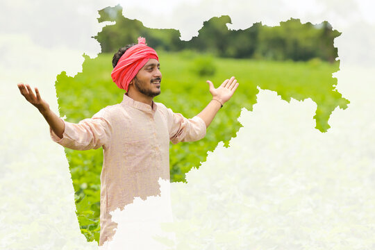 Map Of Maharashtra Shows Farmer Portrait White Gradient Background, Indian Agriculture, Kisan Diwas Concept