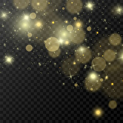 	
White sparks and golden stars glitter special light effect. Vector sparkles on transparent background. Christmas abstract pattern. Sparkling magic dust particles	